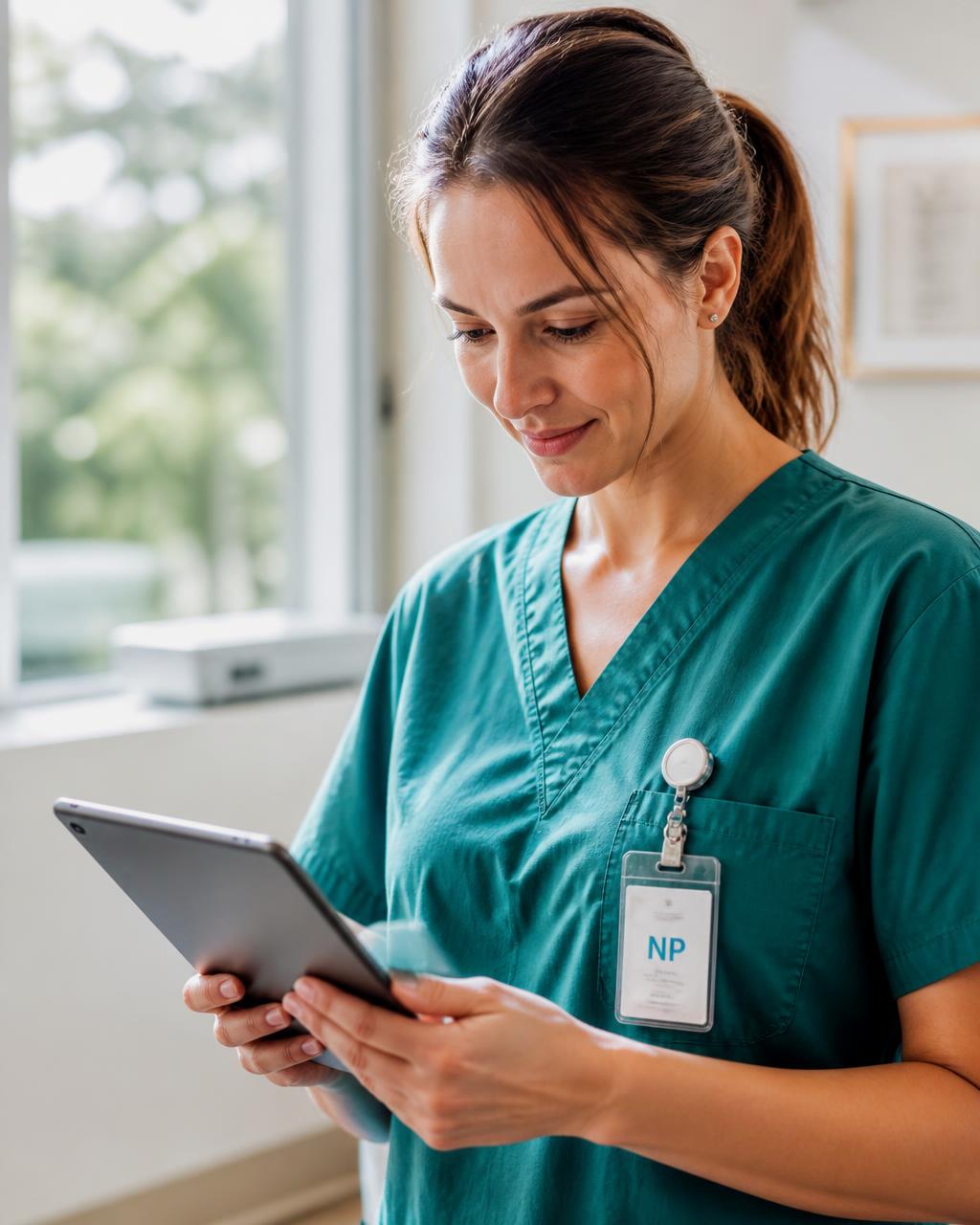 Nurse practitioner in teal scrubs reviewing a tablet in a sunlit clinic